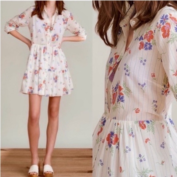 NWT Veronica Beard Dress Jemila Mini ShirtDress Button Down White Multi Floral - Picture 1 of 8